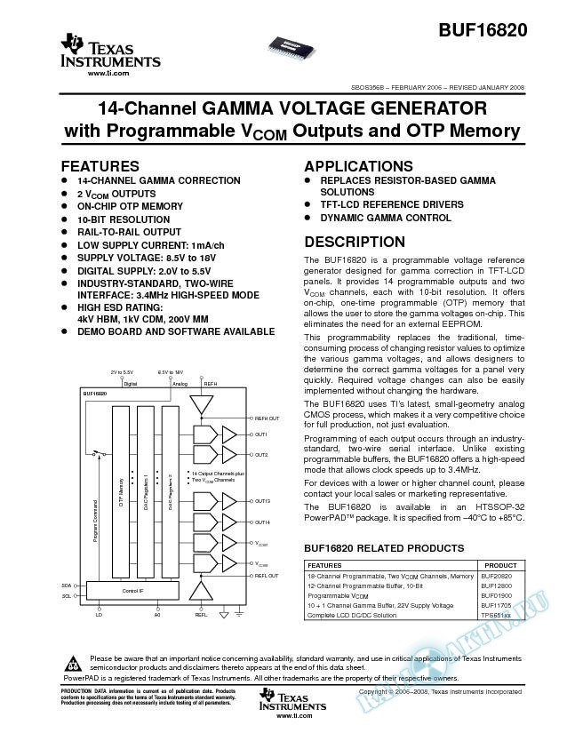 14-Channel Gamma Voltage Generator with Programmable Vcom Outputs and OTP Memory (Rev. B)