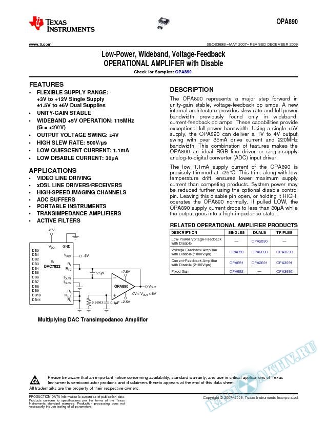 Low-Power, Wideband, Voltage-Feedback Operational Amplifier w/ Disable (Rev. B)