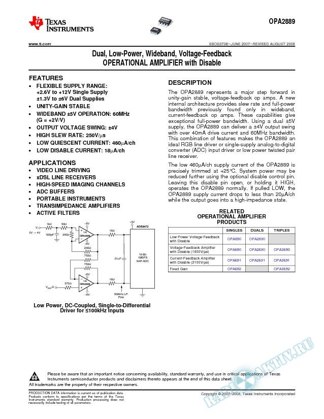 Dual, Low-Power, Wideband, Voltage-Feedback OPERATIONAL AMPLIFIER with Disable (Rev. B)