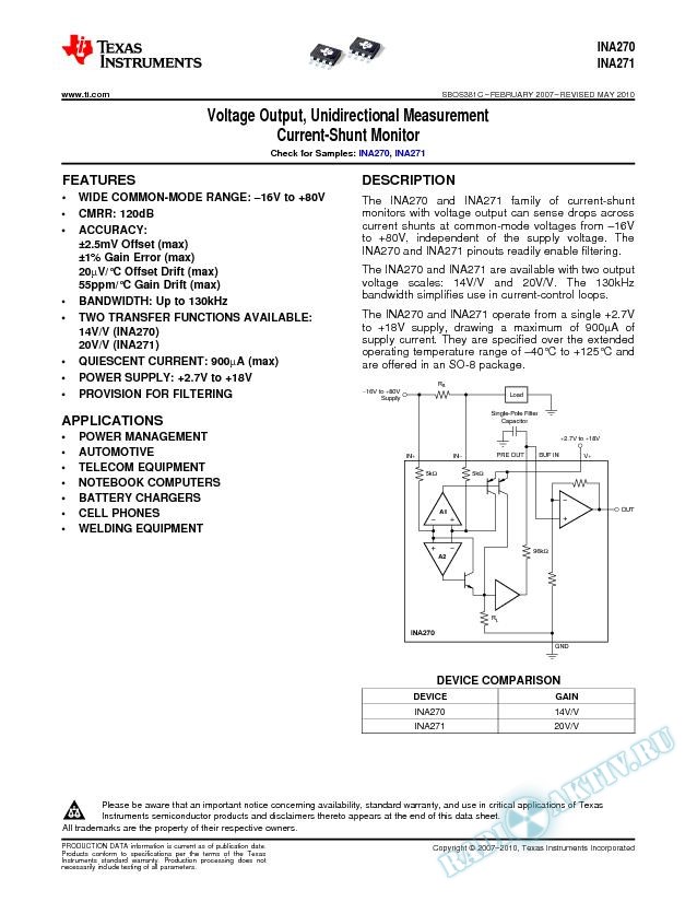 Voltage Output, Unidrectional Measurement Current-Shunt Monitor (Rev. C)