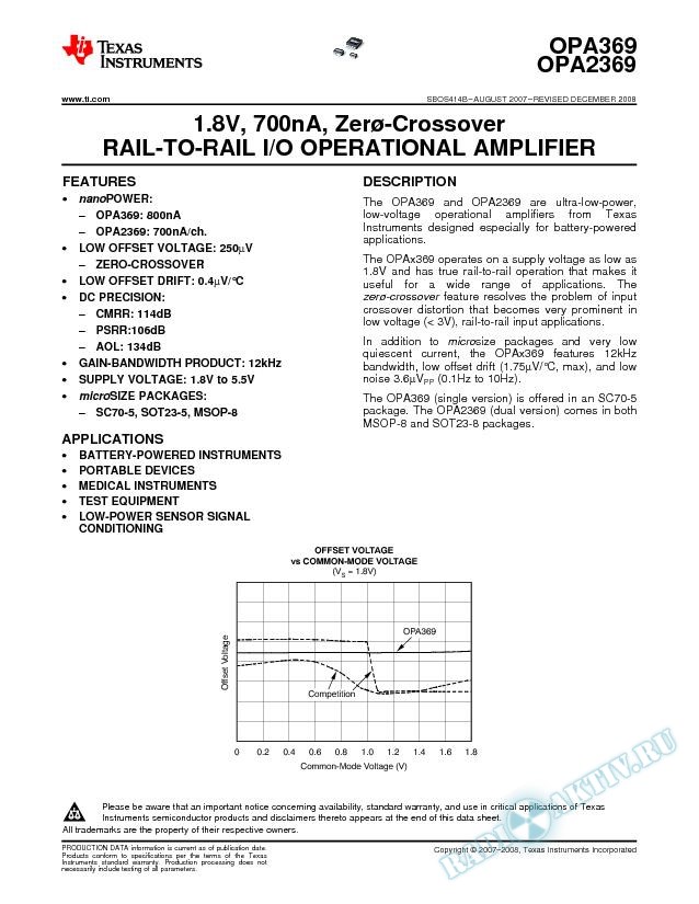 1.8V, 700nA, Zerø-Crossover RAIL-TO-RAIL I/O OPERATIONAL AMPLIFIER (Rev. B)
