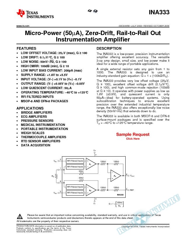 Micro-Power (50μA), Zerø-Drift, Rail-to-Rail Out Instrumentation Amplifier (Rev. B)