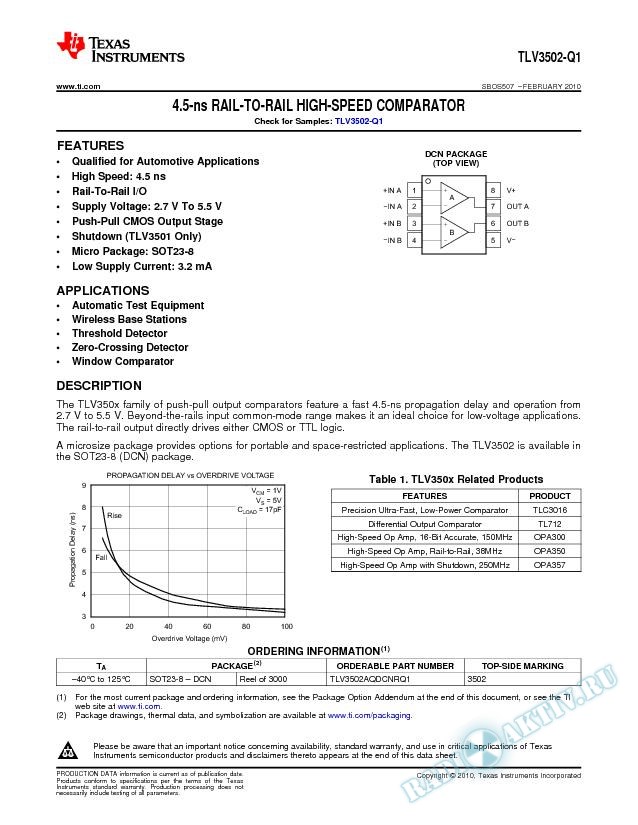 TLV3502-Q1 4.5-ns Rail-to-Rail High-Speed Comparator