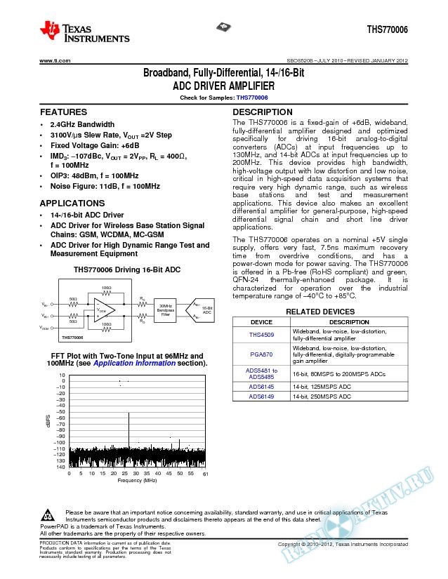 Broadband, Fully-Differential, 14-/16-Bit, ADC DRIVER AMPLIFIER (Rev. B)
