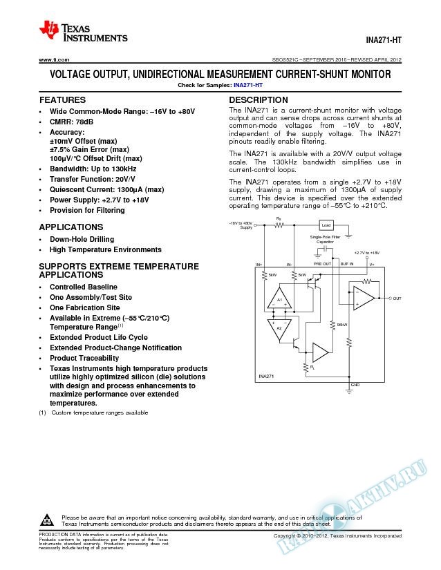 Voltage Output, Unidirectional Measurement Current-Shunt Monitor (Rev. C)