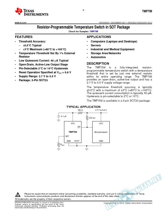 Resistor-Programmable Temperature Switch in SOT Package (Rev. A)
