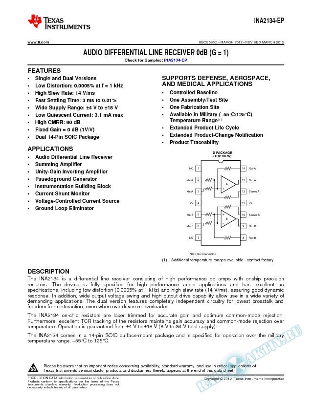 Audio Differential Line Receiver 0 dB (G = 1) (Rev. C)