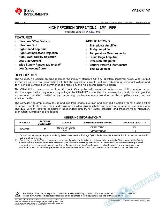 High Precision Operational Amplifier, OPA2277-DIE (Rev. B)
