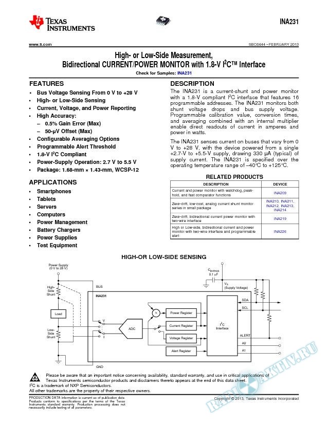 High-/Low-Side Measurement, Bidirectional CURRENT/POWER MONITOR w/1.8-V I2C™ Int