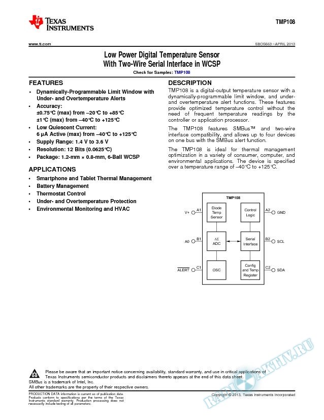 Low-Power Digital Temperature Sensor with Two-Wire Interface in WCSP