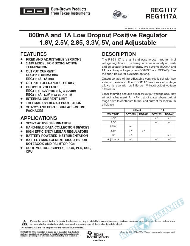 REG1117: 800mA 1A Low Dropout Pos Regulator 1.8, 2.5, 2.85, 3.3, 5V, Adjustable (Rev. D)
