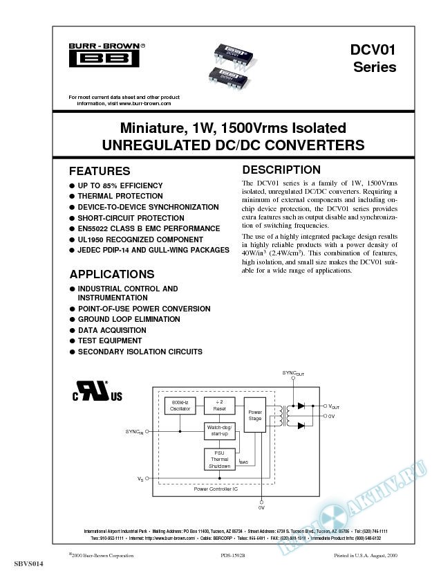 Miniature, 1W, 1500Vrms Isolated Unregulated DC/DC Converters