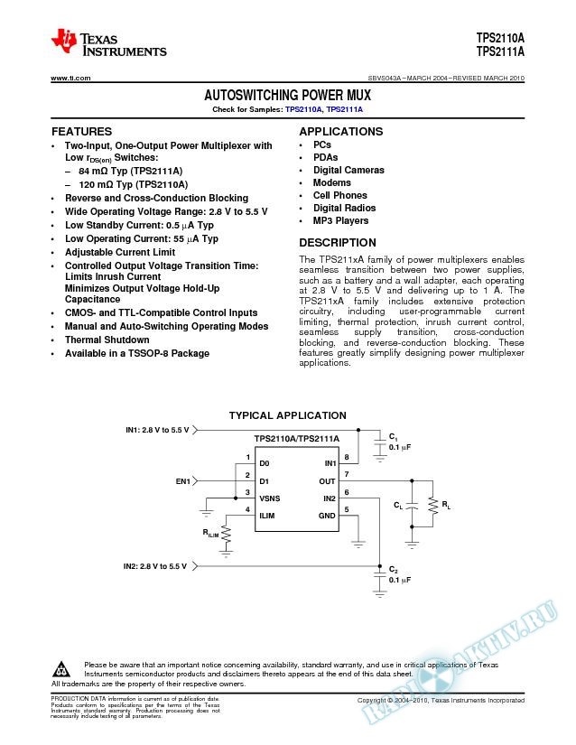 TPS2110A, TPS2111A: Autoswitching Power Mux (Rev. A)