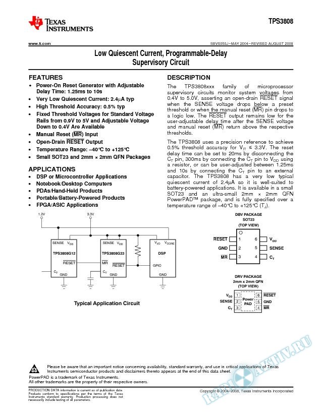 Low Quiescent Current, Programmable-Delay Supervisory Circuit (Rev. J)