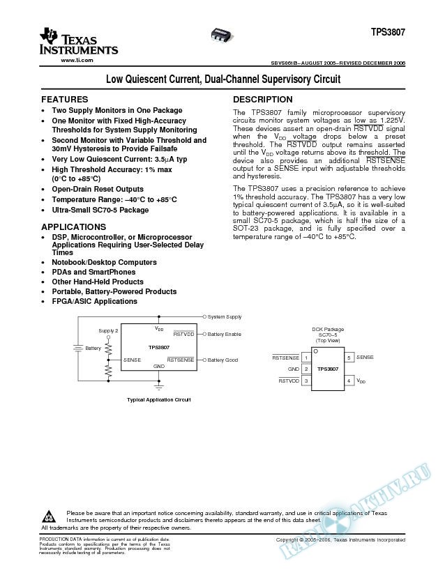 Low Quiescent Current, Dual-Channel Supervisory Circuit (Rev. B)