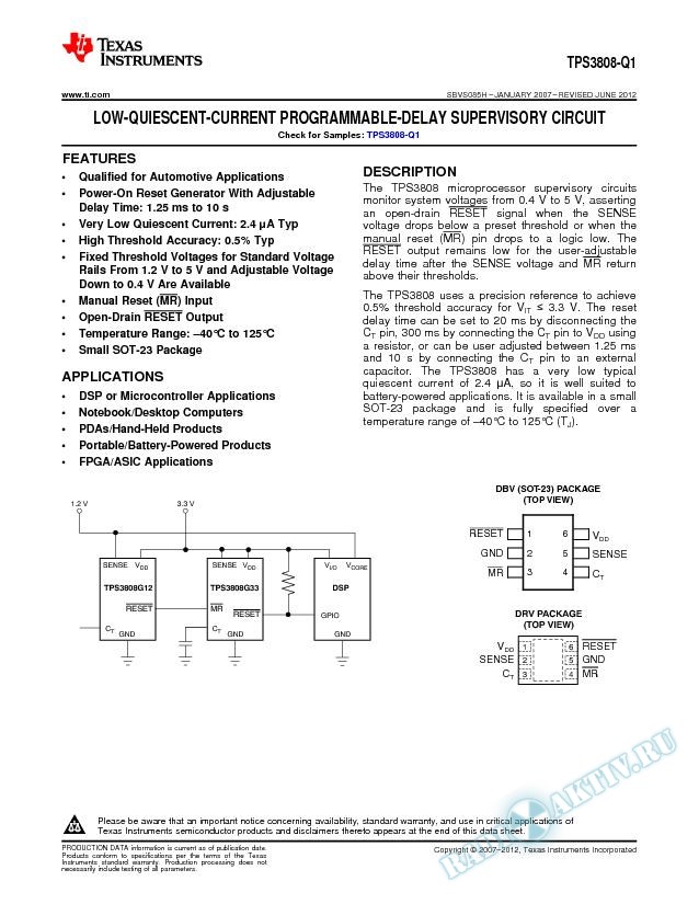 TPS3808-Q1 Low-Quiescent-Current Programmable-Delay Supervisory Circuit (Rev. H)