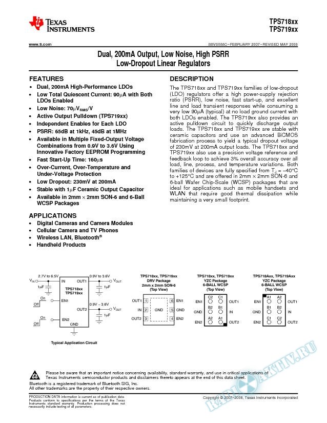Dual, 200mA Output, Low Noise, High PSRR LDO Linear Regulators (Rev. C)
