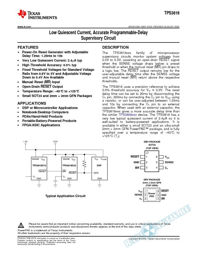 Low Quiescent Current, Programmable-Delay Supervisory Circuit (Rev. A)