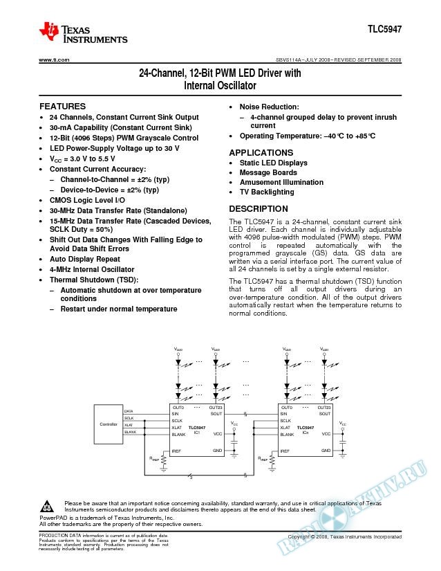 24-Channel, 12-Bit PWM LED Driver with Internal Oscillator (Rev. A)