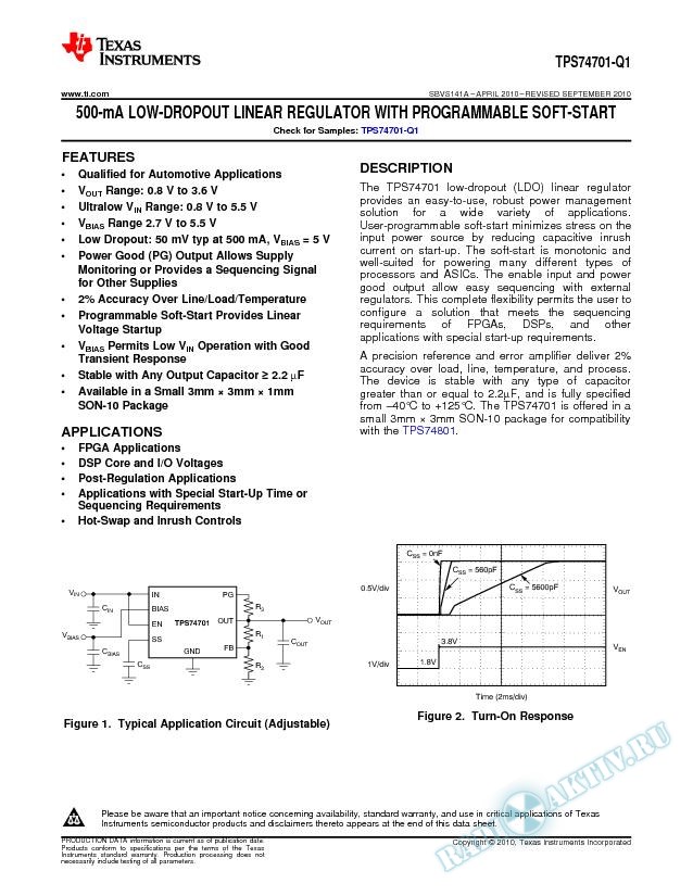TPS74701-Q1 500mA Low-Dropout Linear Regulator with Programmable Soft-Start (Rev. A)