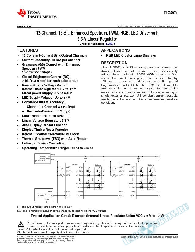 12-Channel, 16-Bit, Enhanced Spec, PWM, RGB LED Driver w/ 3.3-V Linear Regulator (Rev. C)
