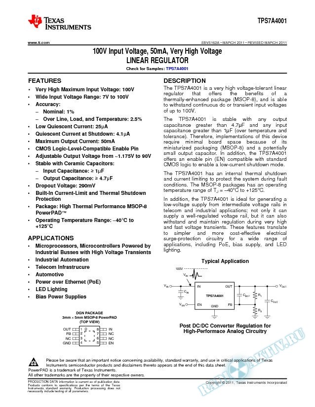 100V Input Voltage, 50mA  Very High Voltage Linear Regulator (Rev. A)