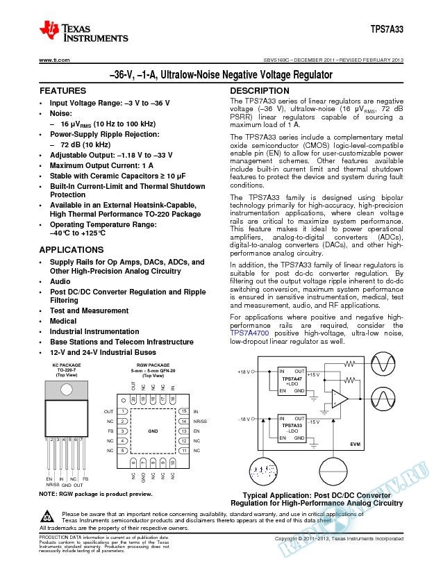 –36–V, –1-A, Ultralow-Noise Negative Voltage Regulator (Rev. C)