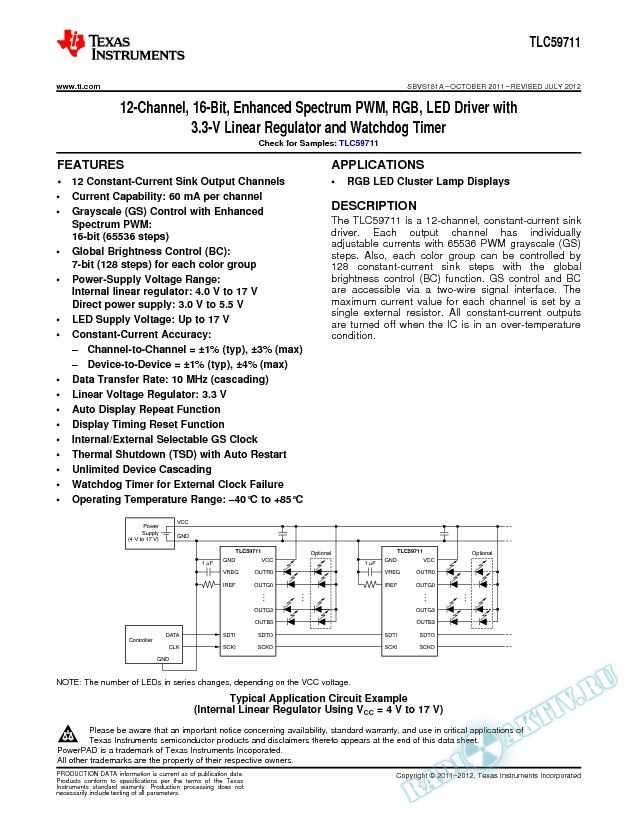 12-Ch, 16-Bit, Enhanced Spec PWM, RGB LED Driver w/3.3-V Linear Reg and WD Timer (Rev. A)
