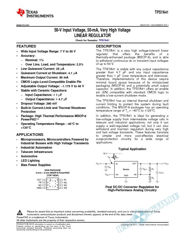 50-V Input Voltage, 50-mA, Very High Voltage Linear Regulator
