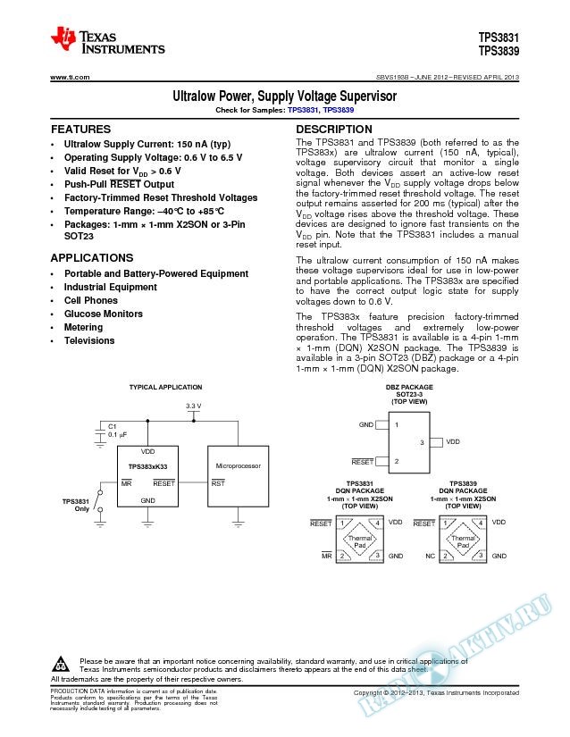 Ultralow Power, Supply Voltage Supervisor (Rev. B)