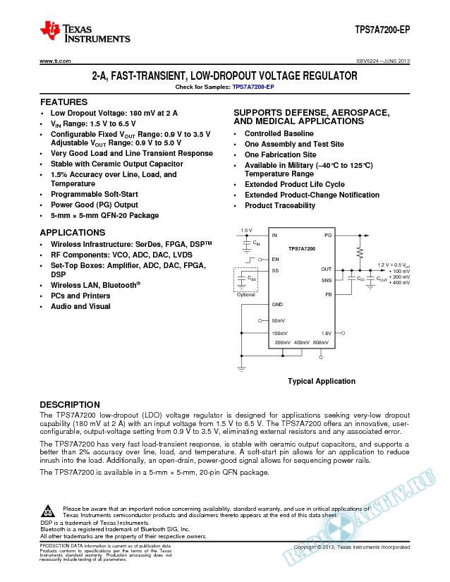 2-A, Fast-Transient, Low-Dropout Voltage Regulator, TPS7A7200-EP