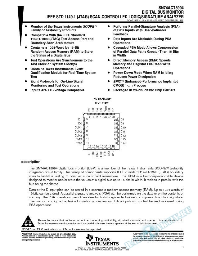 Digital Bus Monitor IEEE Std 1149.1 (JTAG) Scan-Controlled Logic /Sig. Analyzer (Rev. E)