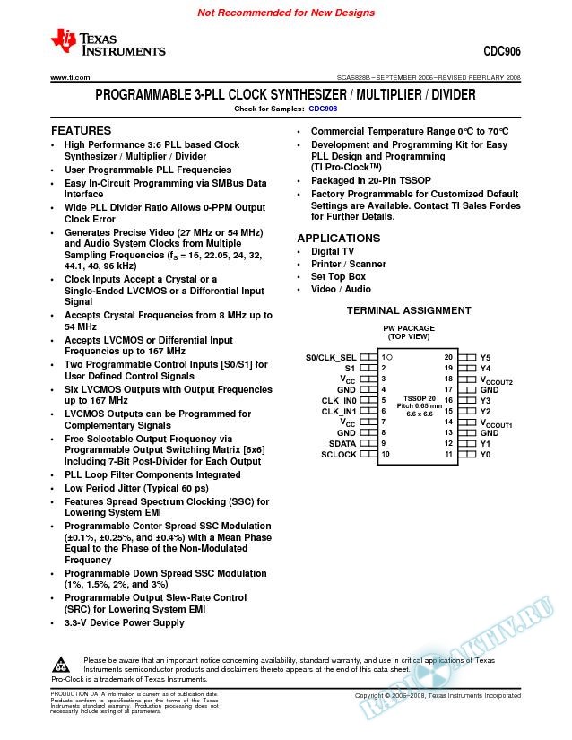 Programmable 3-PLL Clock Synthesizer / Multiplier / Divider (Rev. B)