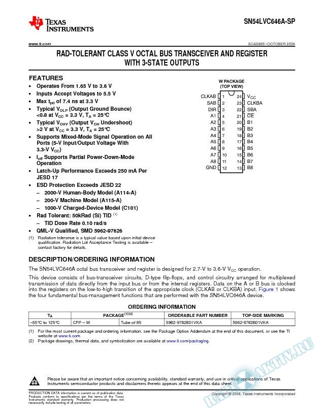 Rad-Tolerant Class V Octal Bus Transceiver and Register With 3-State Outputs