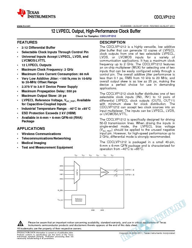 12 LVPECL Output, High-Performance Clock 2:12 Buffer (Rev. B)