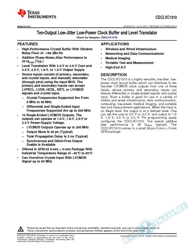 CDCLVC1310 Ten-Output Low-Jitter Low-Power Clock Buffer and Level Translator (Rev. C)