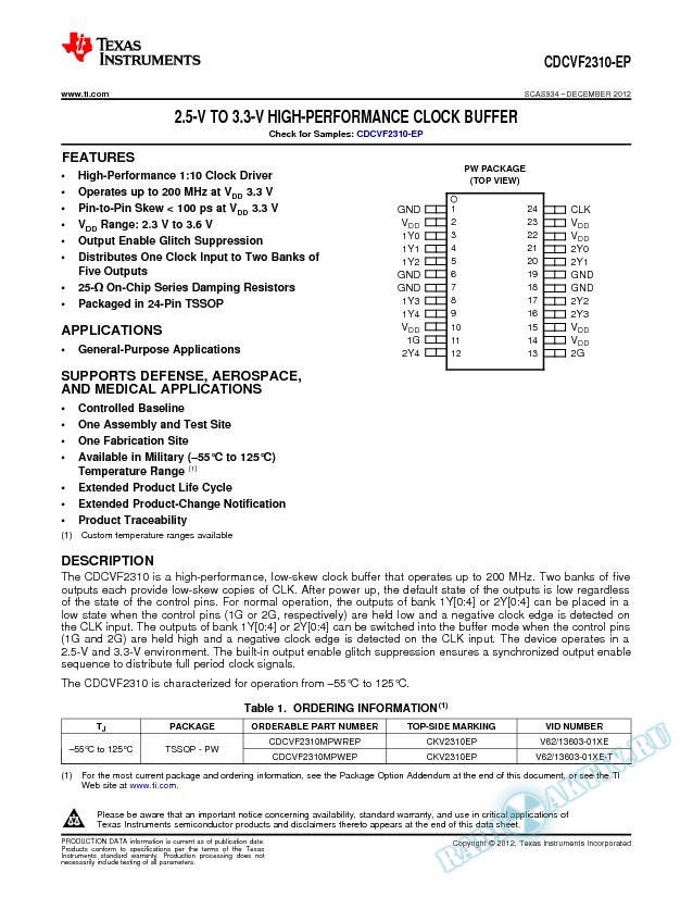 CDCVF2310-EP 2.5-V to 3.3-V High Performance Clock Buffer