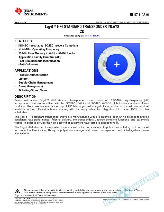 RI-I17-114A-01 Tag-it (tm) HF-I Standard Transponder Inlays CD (Rev. B)