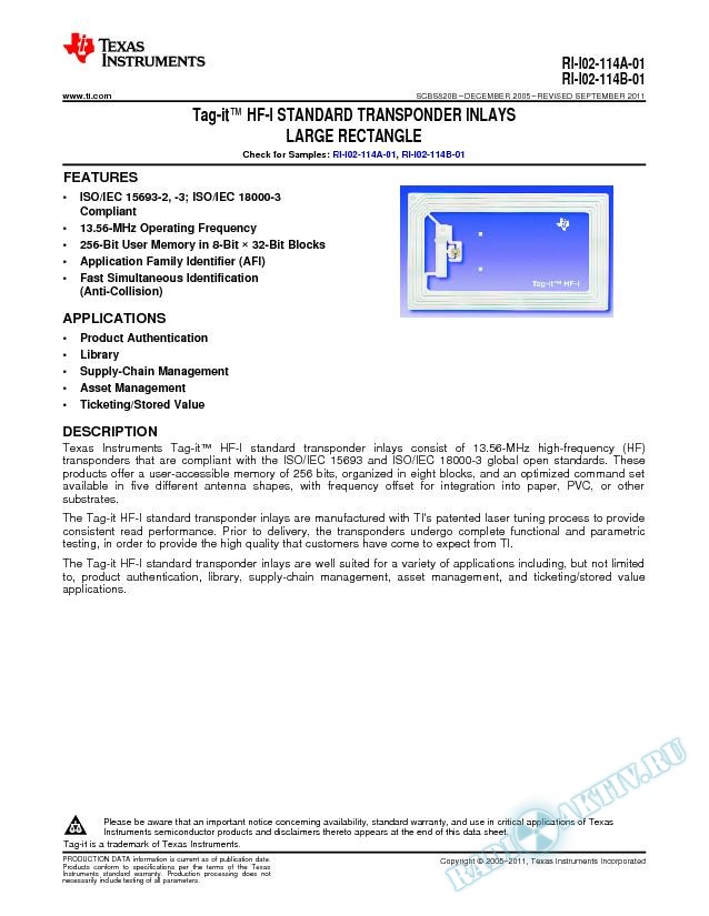 RI-I02-114A-01, RI-I02-114B-01 Tag-it (tm) HF-I Standard Transponder Inlays (Rev. B)