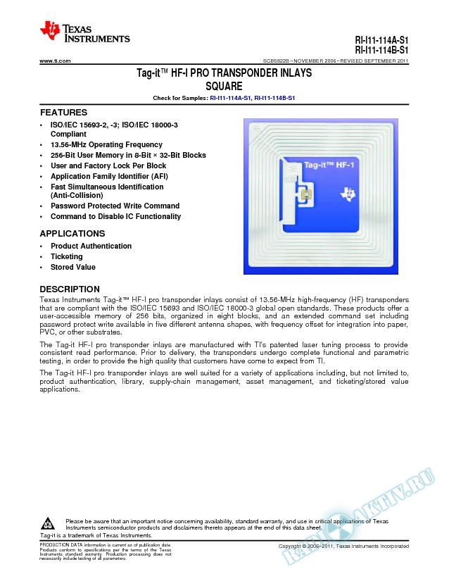 RI-I11-114A-S1, RI-I11-114B-S1 Tag-it (tm) HF-I Standard Transponder Inlays (Rev. B)