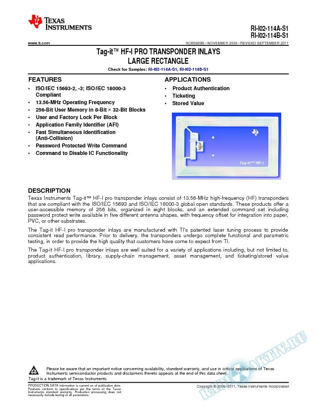 RI-I02-114A-S1, RI-I02-114B-S1 Tag-it (tm) HF-I PRO Transponder Inlays (Rev. B)