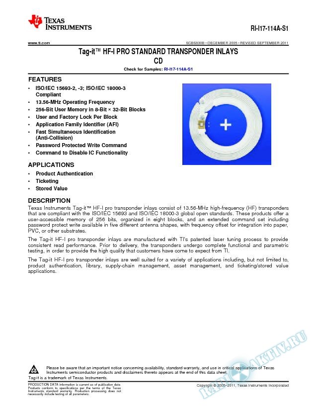 RI-I17-114A-S1 Tag-it(tm) HF-I PRO Transponder Inlays, CD (Rev. B)