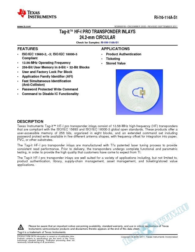 RI-I16-114A-S1 Tag-it(tm) HF-I PRO Transponder Inlays, 24.2-mm Circular (Rev. B)