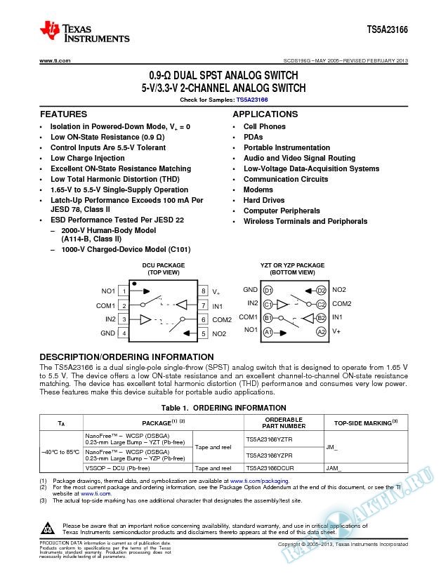 0.9-Ohm Dual SPST Analog Switch 5-V/3.3-V 2-Channel Analog Switch (Rev. G)