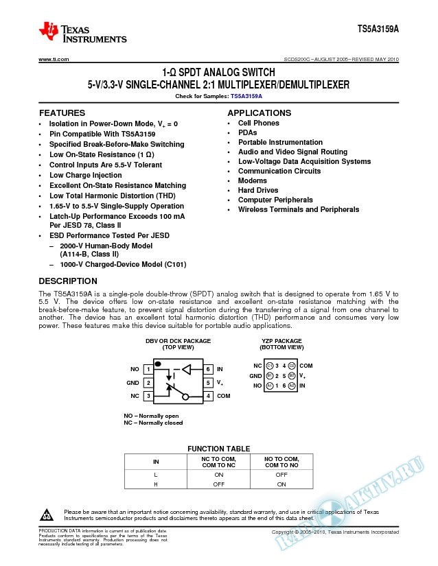 TS5A3159A 1-Ohm SPDT Analog Switch (Rev. C)