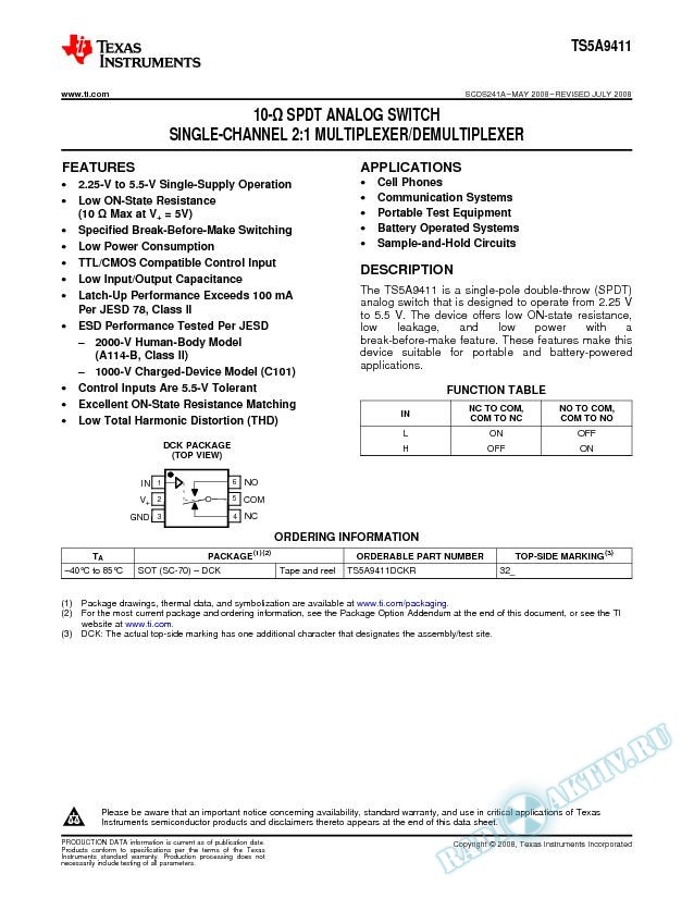 10-Ohm SPDT Analog Switch Single-Channel 2:1 Multiplexer/Demultiplexer (Rev. A)