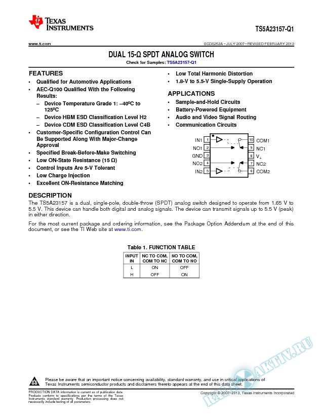 TS5A23157-Q1 Dual 15-Ohm SPDT Analog Switch (Rev. A)
