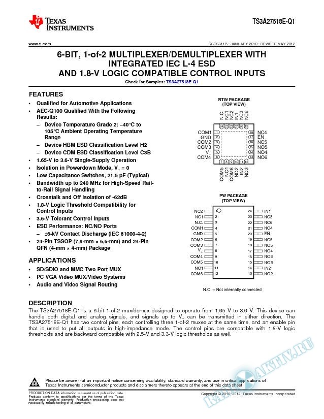 6-Bit, 1-of-2 Multiplexer/Demultiplexer with Integrated IEC L-4 ESD (Rev. B)