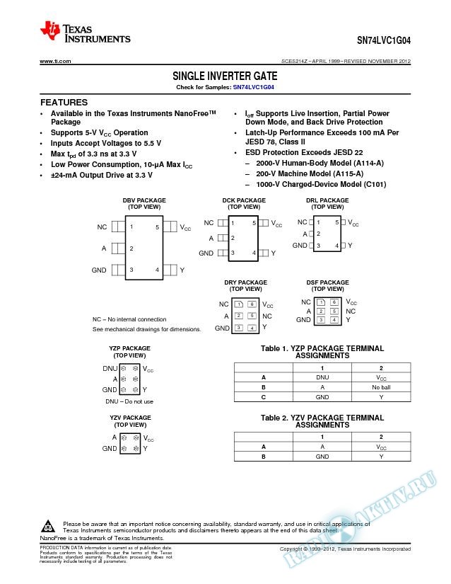 Single Inverter Gate, SN74LVC1G04 (Rev. Z)
