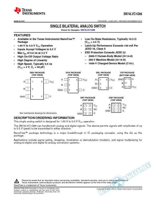 Single Bilateral Analog Switch, SN74LVC1G66 (Rev. N)